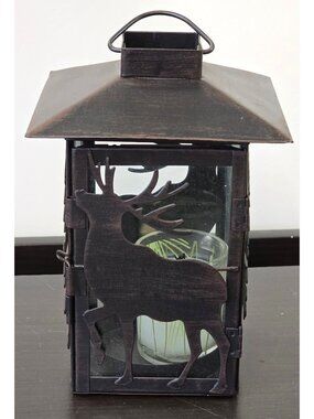 Rustic Metal Deer Moose Lantern Candle Holder Glass Doors Cabin Decor Wildlife